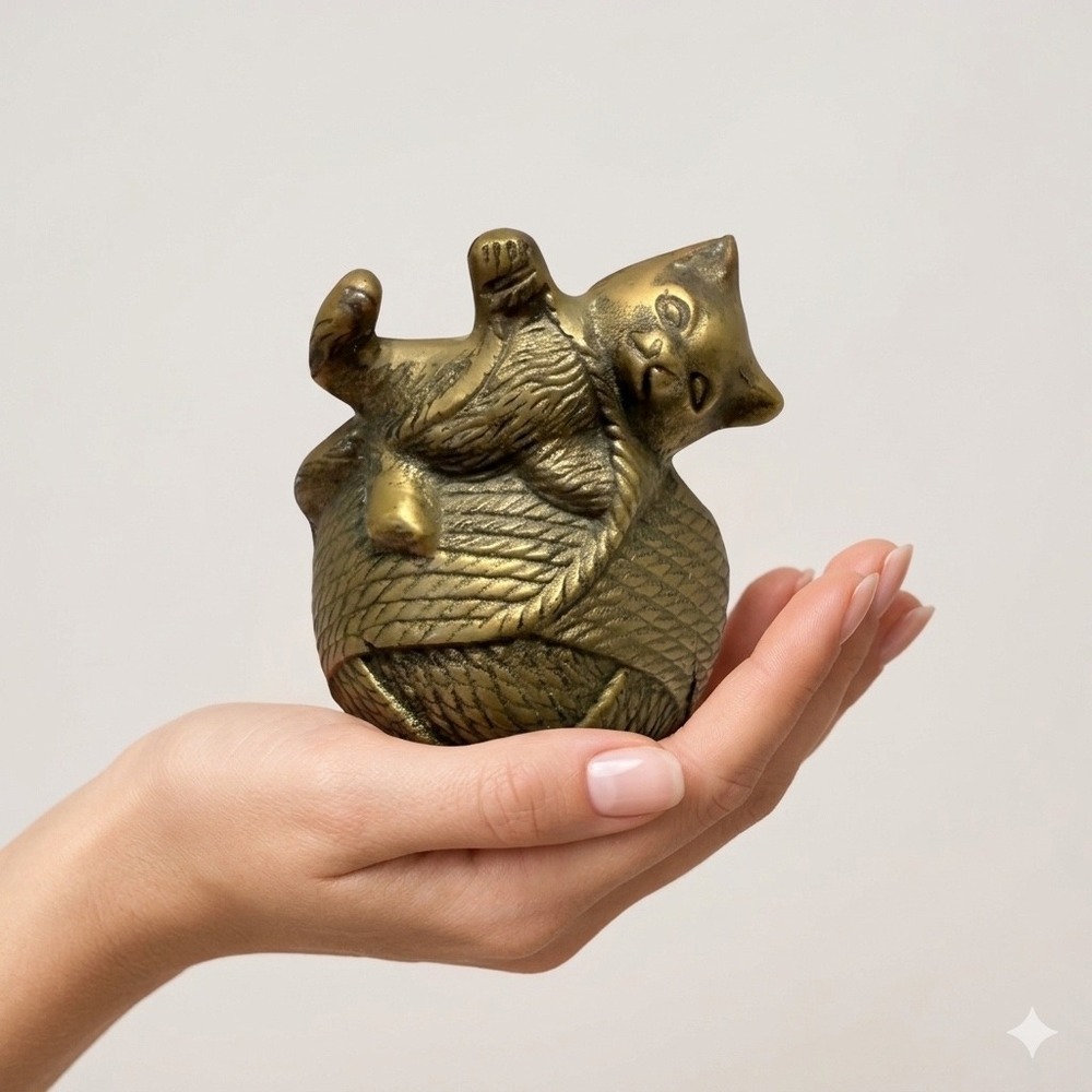 Vintage‎ Brass Cat on Yarn Ball Figurine Playful Kitten Statue Metal Bank Decor - Picture 3 of 12